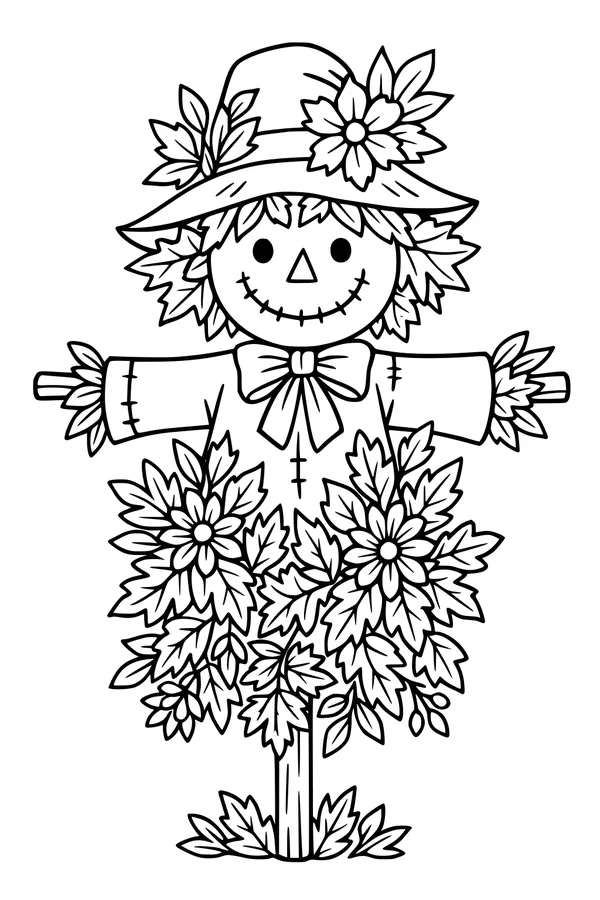 Free Scarecrow Coloring Page - Friendly Harvest Flowers Scene (Printable PDF)