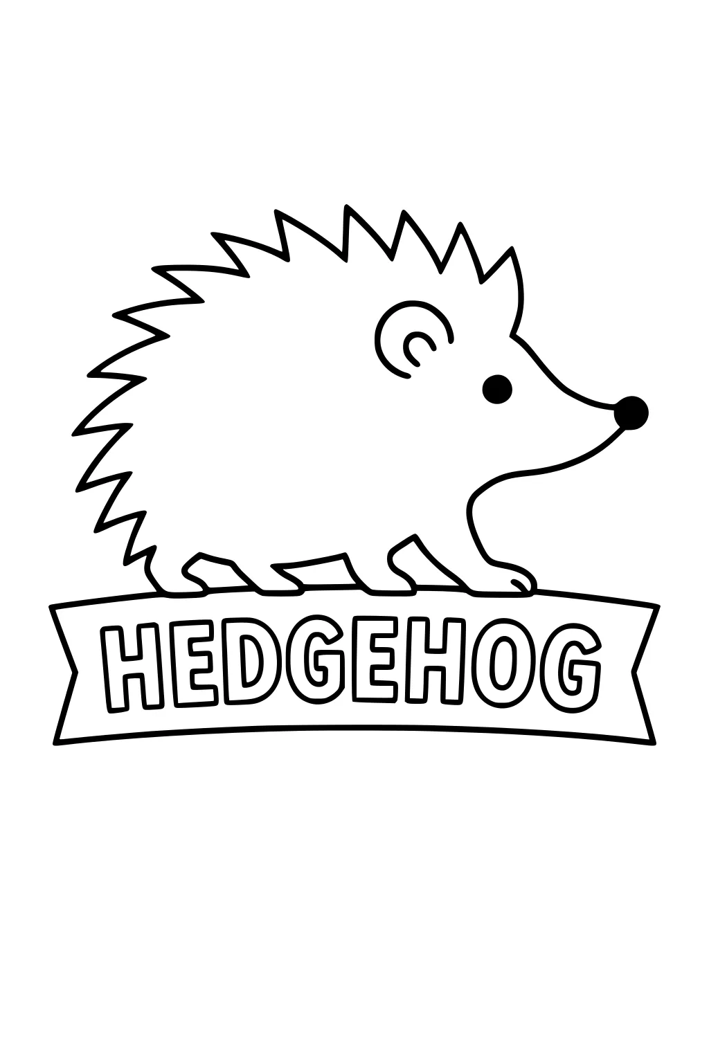 Simple drawing of a cartoon hedgehog standing on a banner with the word HEDGEHOG written below.