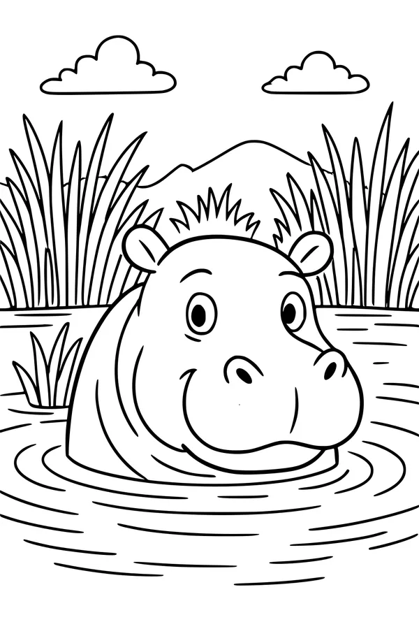 Free Hippopotamus Coloring Page - Happy Hippo In Pond Scene (Printable PDF)
