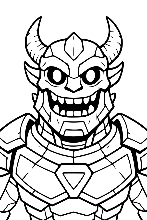 Free Demon Coloring Page - Smiling Armored Monster Front View (Printable PDF)