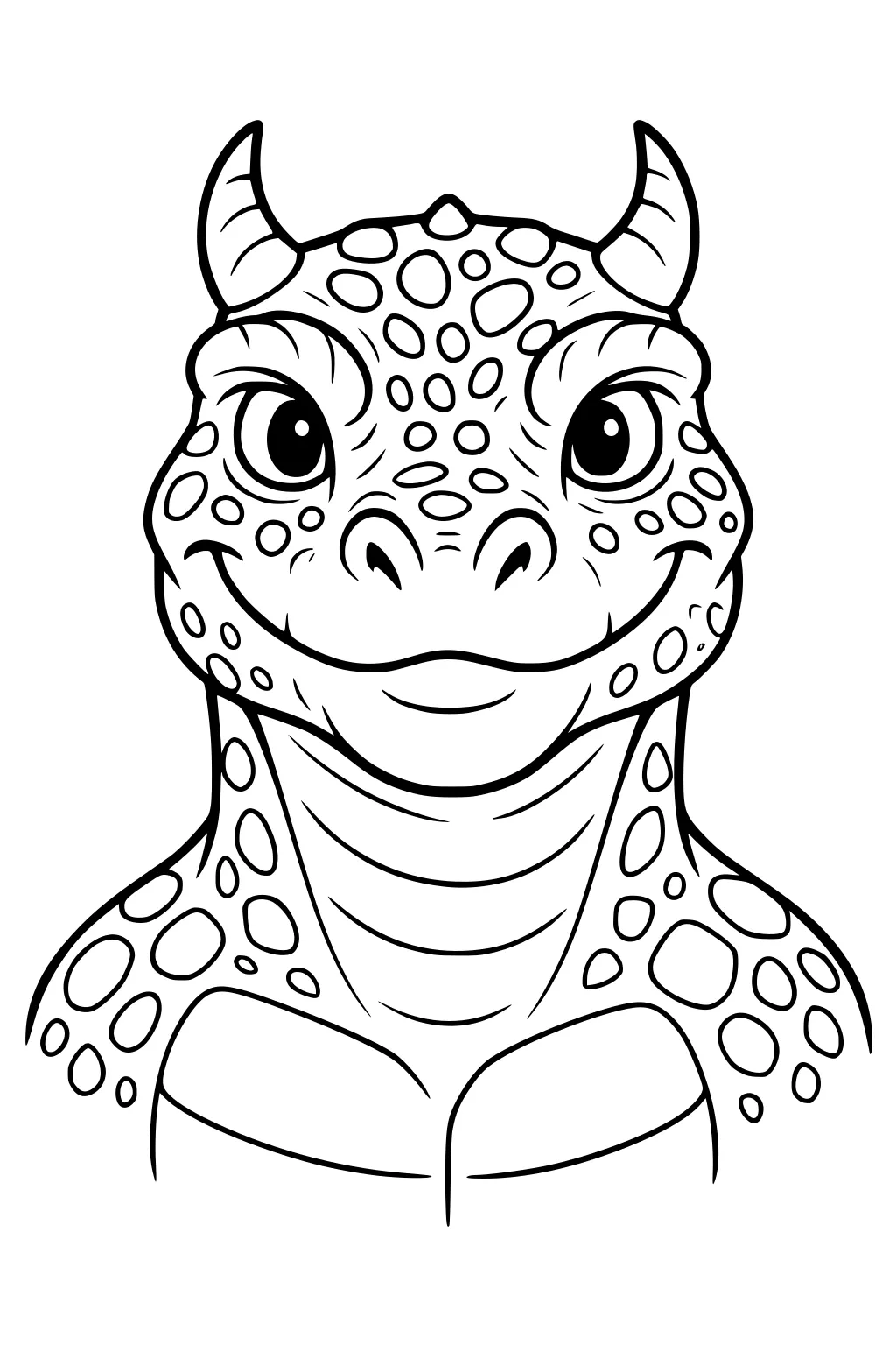 Friendly monster portrait with two horns, big eyes, neck plates, and pebbly spots across head, cheeks, and shoulders.