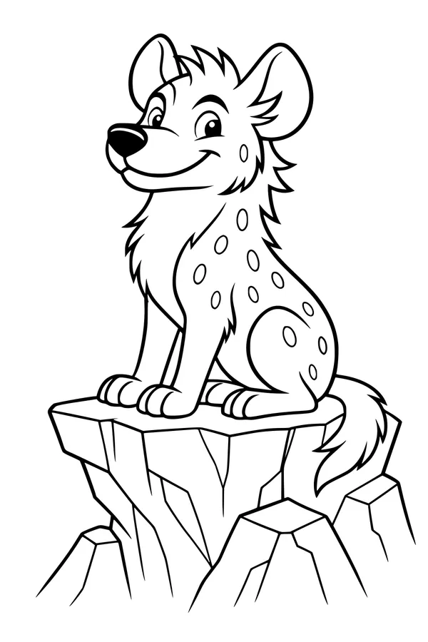 Free Hyena Coloring Page - Smiling Spotted Hyena on Rocky Cliff (Printable PDF)
