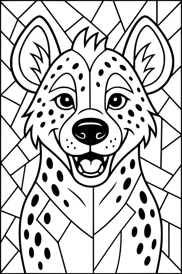 Free Hyena Coloring Page - Smiling Spotted Hyena in Geometric Jungle (Printable PDF)