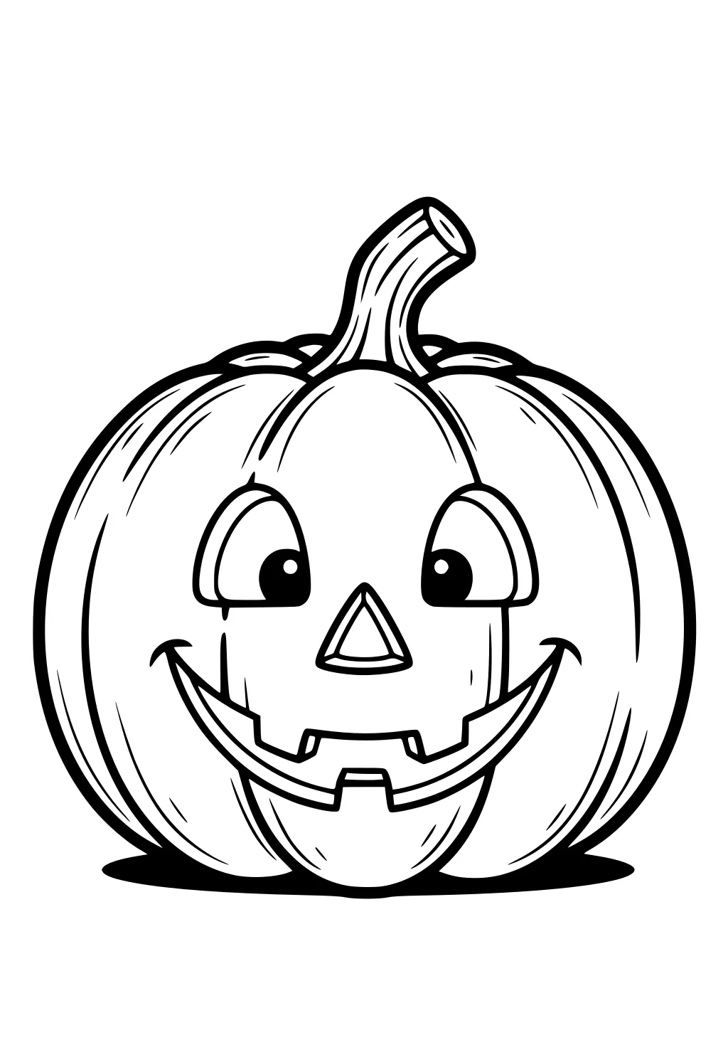 Happy jack-o'-lantern with big eyes, triangle nose, wide grin, and curved stem drawn in bold lines on a blank background.