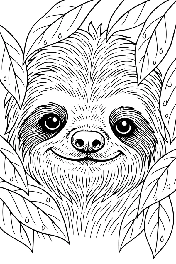 Free Sloth Coloring Page - Smiling Face in Jungle Leaves (Printable PDF)