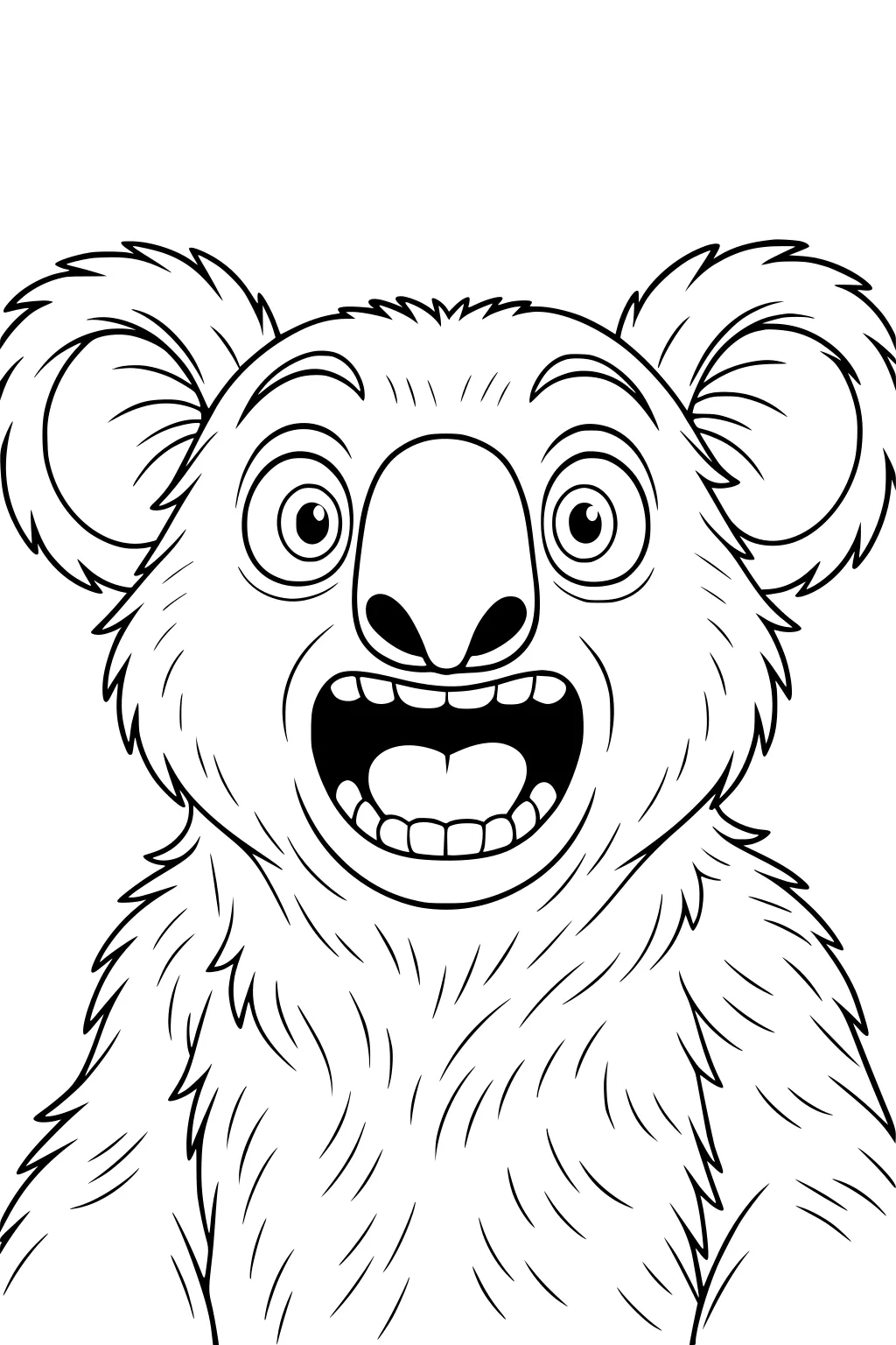 Cartoon koala face with big open mouth, wide eyes, fluffy fur, and large round ears.