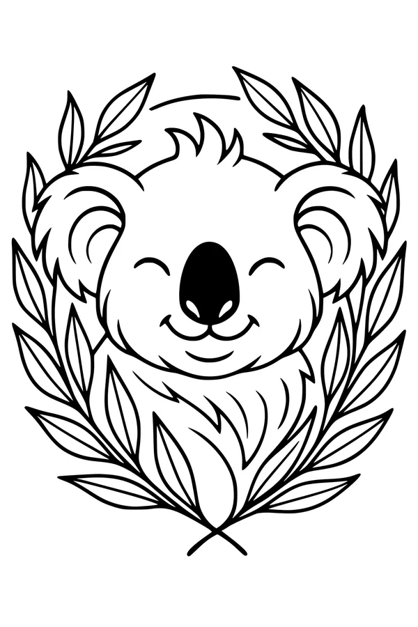 Free Koala Coloring Page - Smiling Koala With Leafy Crown (Printable PDF)