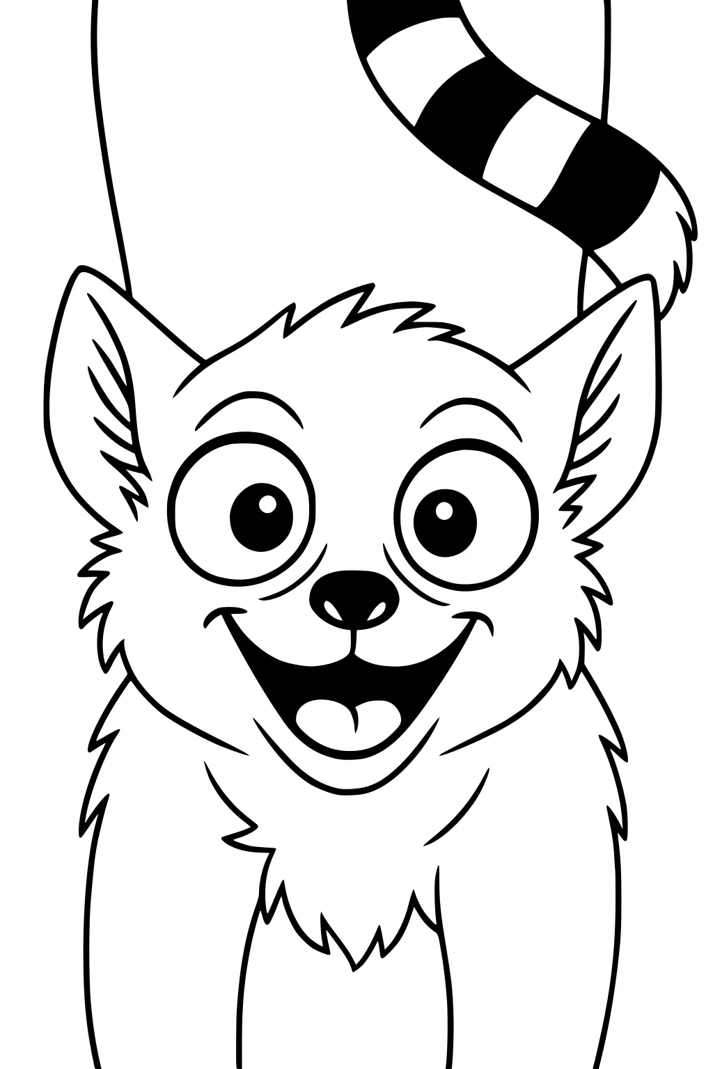 Cartoon lemur with fluffy fur, big eyes, pointy ears, open mouth, and a long striped tail curving above its head