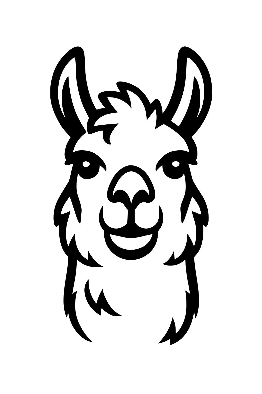 Simple outline drawing of a llama's head, showing fluffy wool, tall curved ears, and a smiling face.