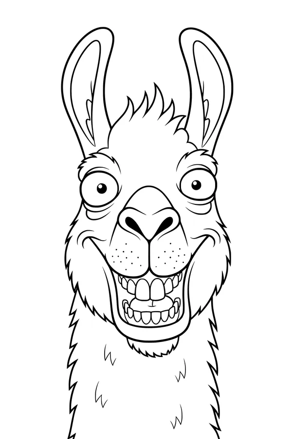 Free Llama Coloring Page - Big Grin Cartoon Face (Printable PDF)