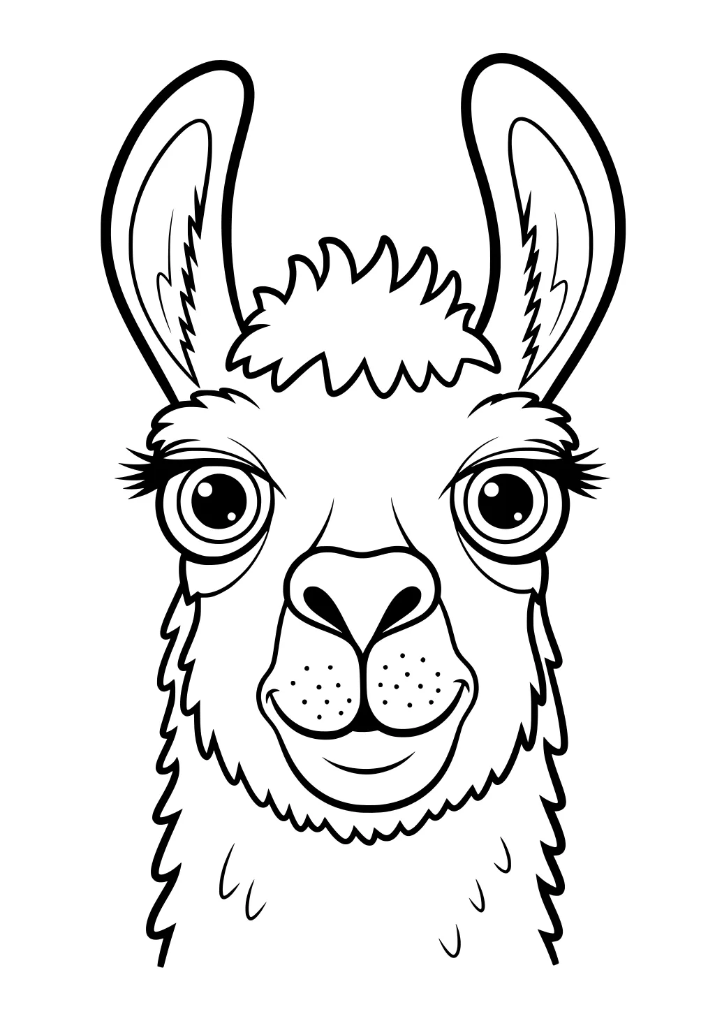 Line drawing of a llama's head, big eyes, tall ears, fuzzy forehead, and fluffy fur, facing forward.