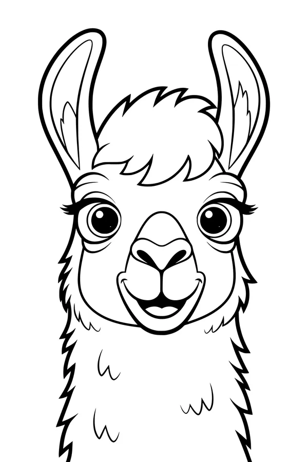 Free Llama Coloring Page - Smiling Fluffy Llama Face (Printable PDF)