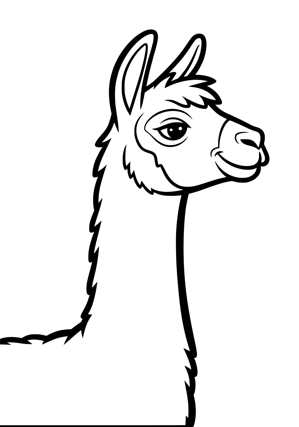 Cartoon llama portrait with fluffy neck, upright ears, and a gentle smile, outlined in bold black lines.