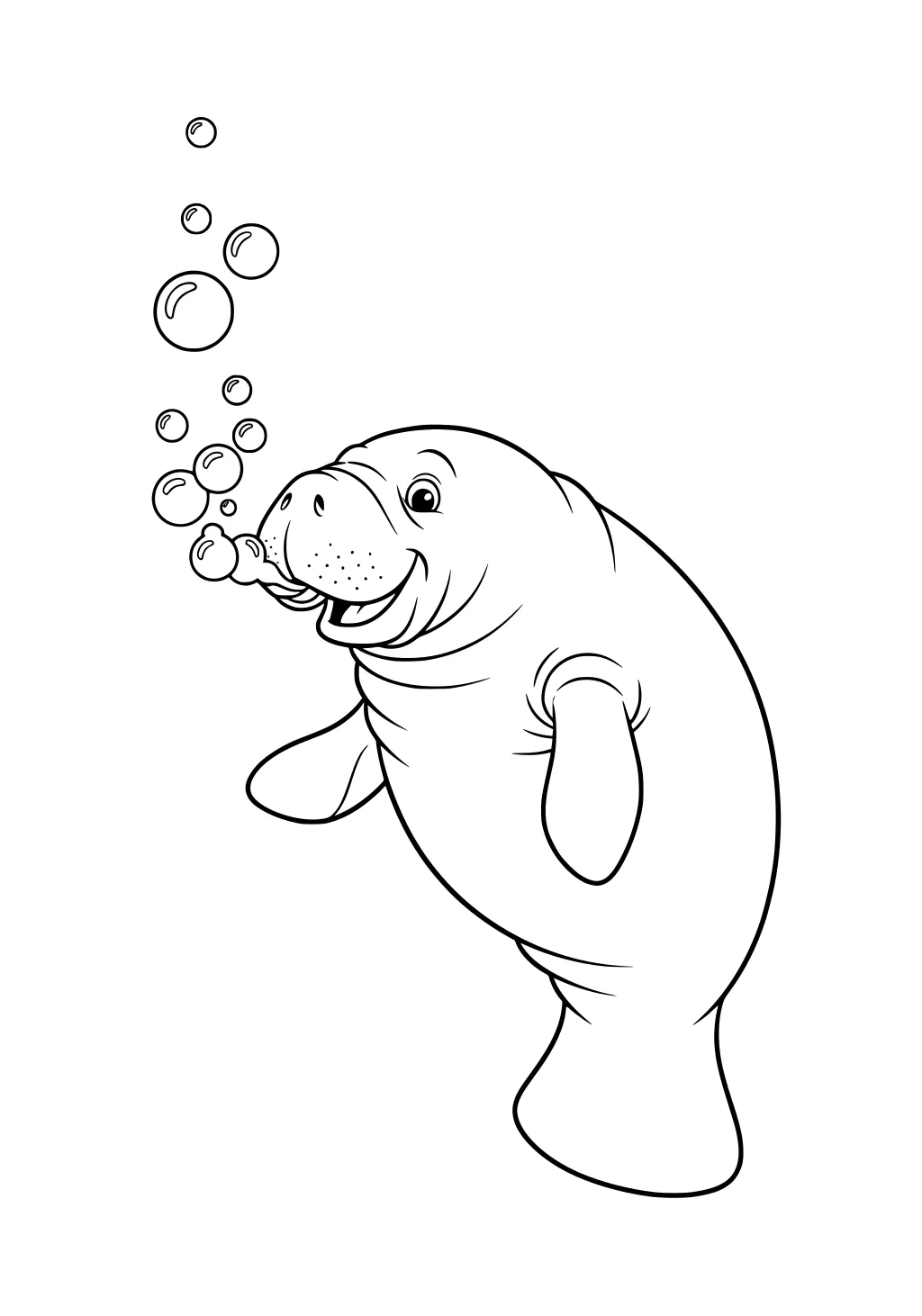 Smiling manatee blows bubbles underwater, wide flippers showing and round face with whisker spots.