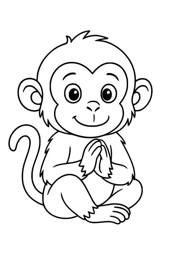 Free Monkey Coloring Page - Smiling Cartoon Monkey Sitting Cross-Legged (Printable PDF)