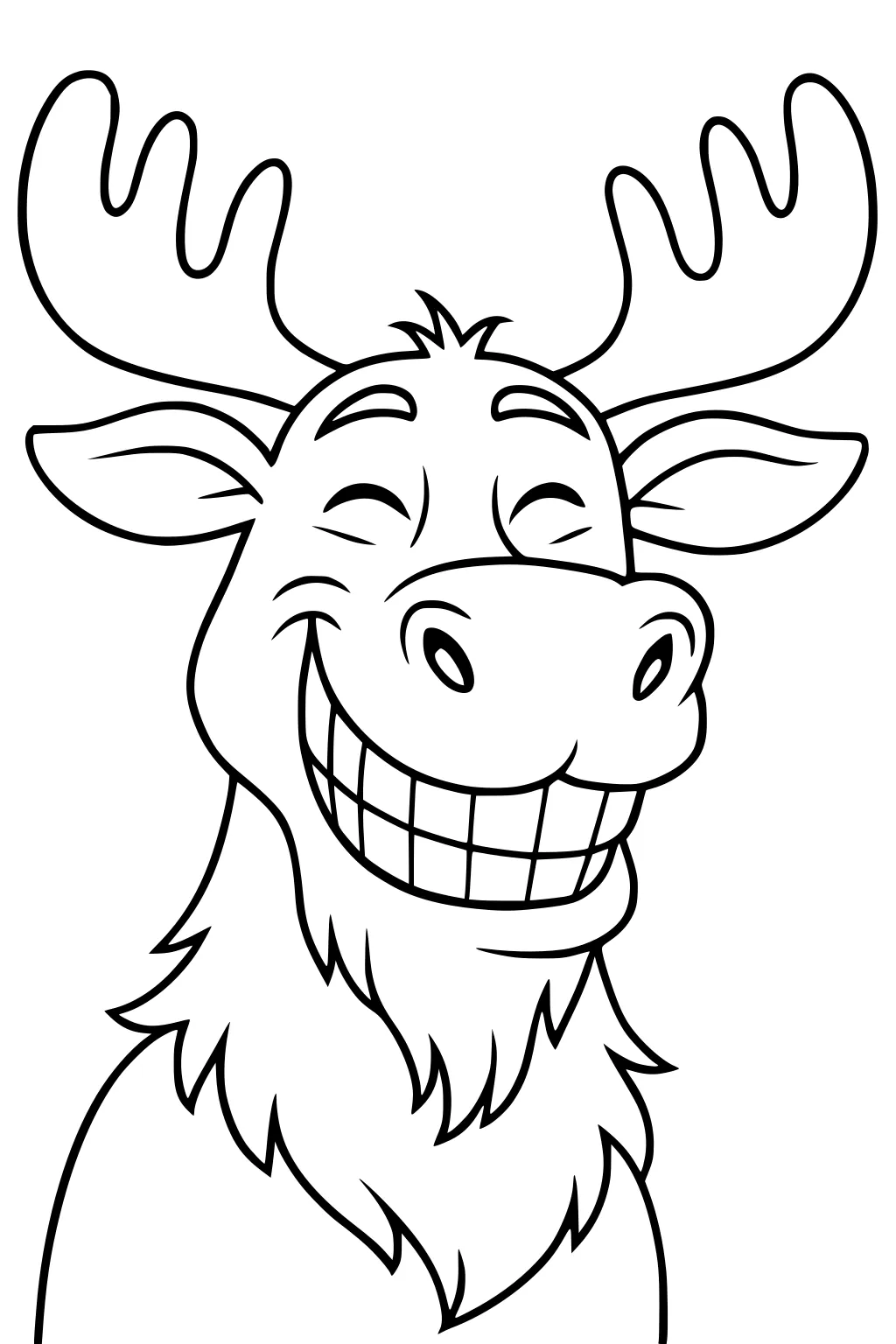 Cartoon moose grinning widely, with large antlers, closed eyes, long ears, and a shaggy mane around his face.