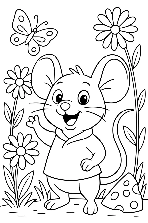 Free Mouse Coloring Page - Smiling Cartoon Mouse With Butterfly and Cheese (Printable PDF)