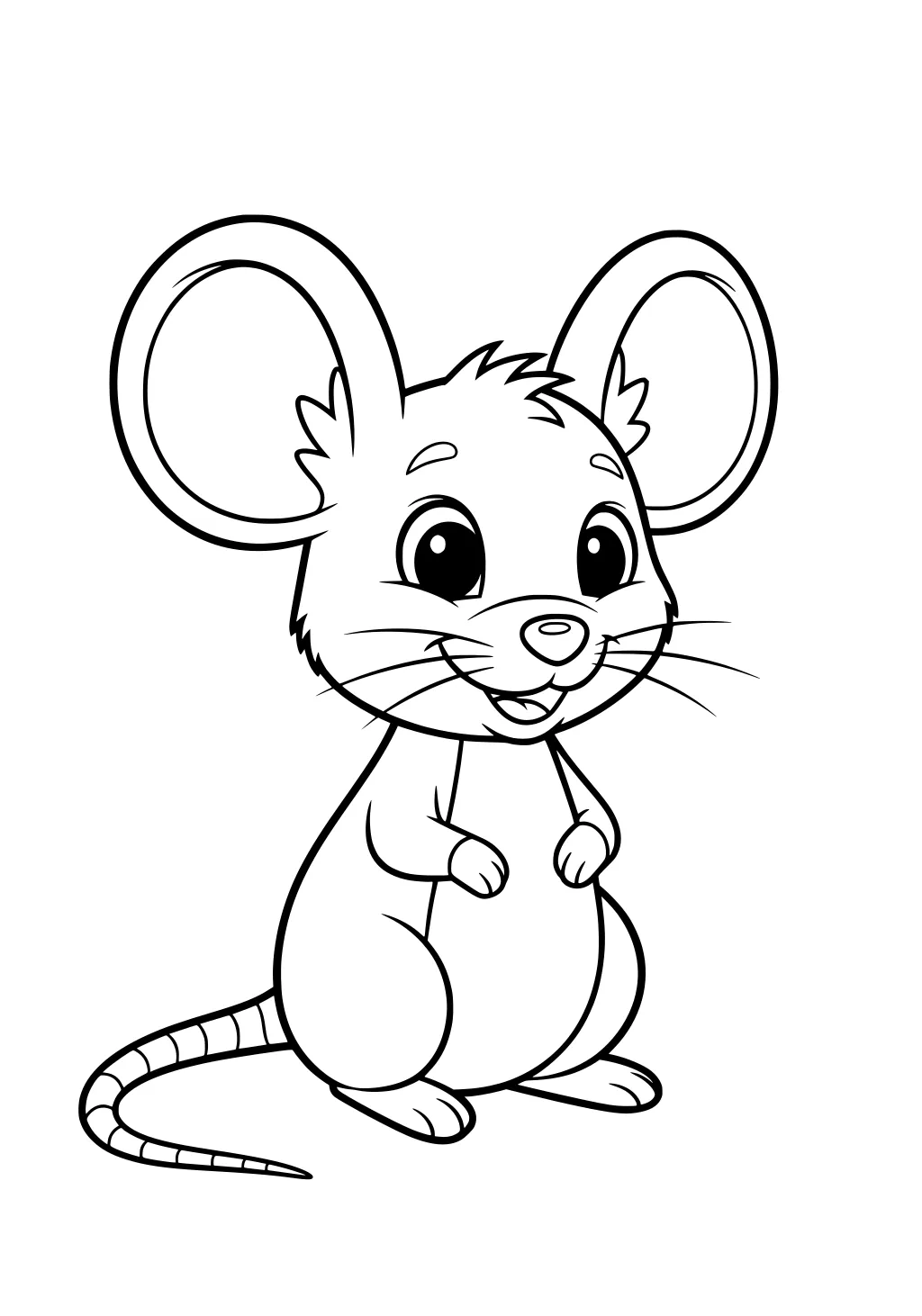 Cartoon mouse standing upright with big round ears, smiling, and a long tail curled behind.