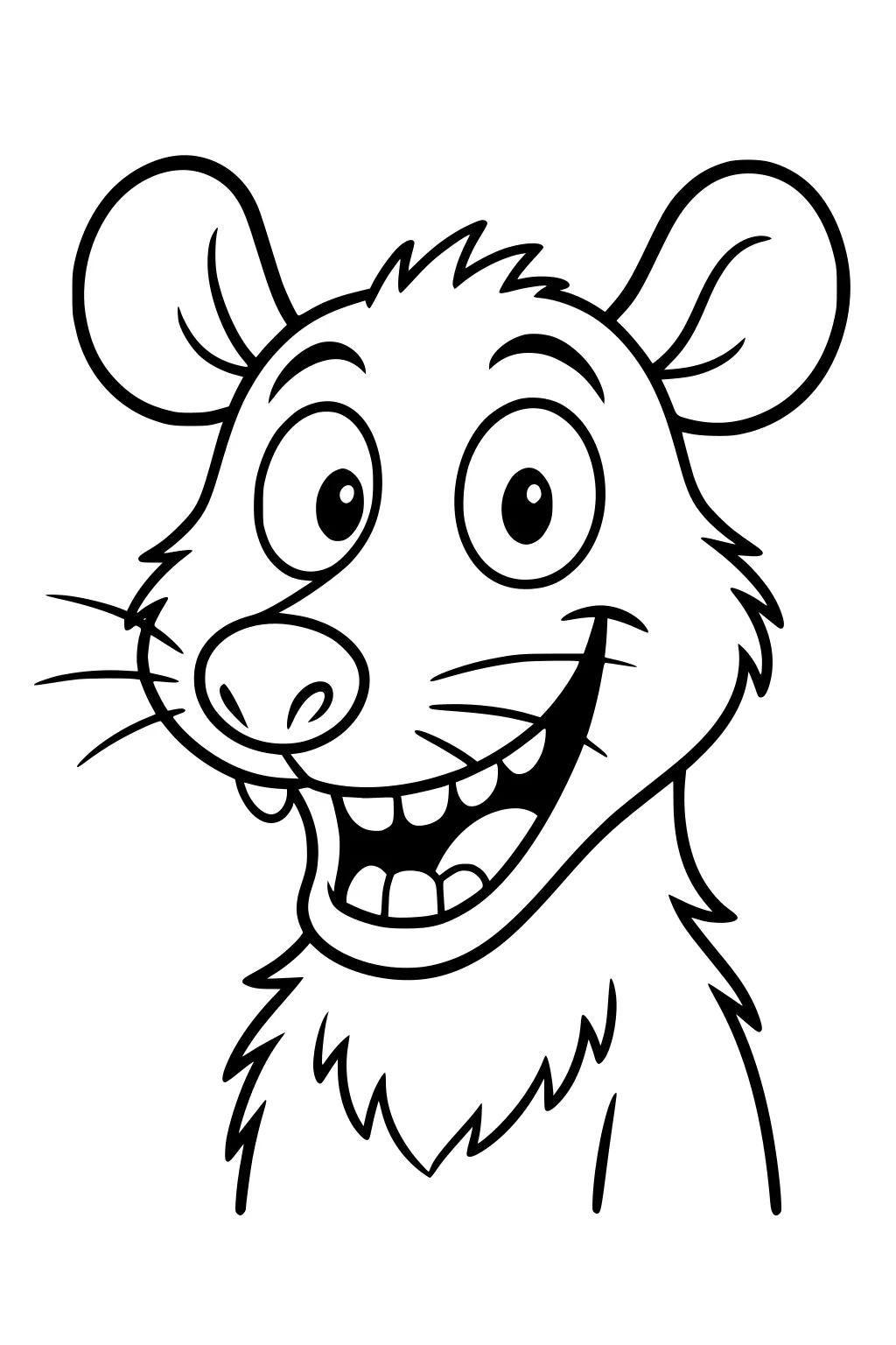 Cartoon opossum head with wide eyes, open mouth smile, round ears, and furry cheeks.
