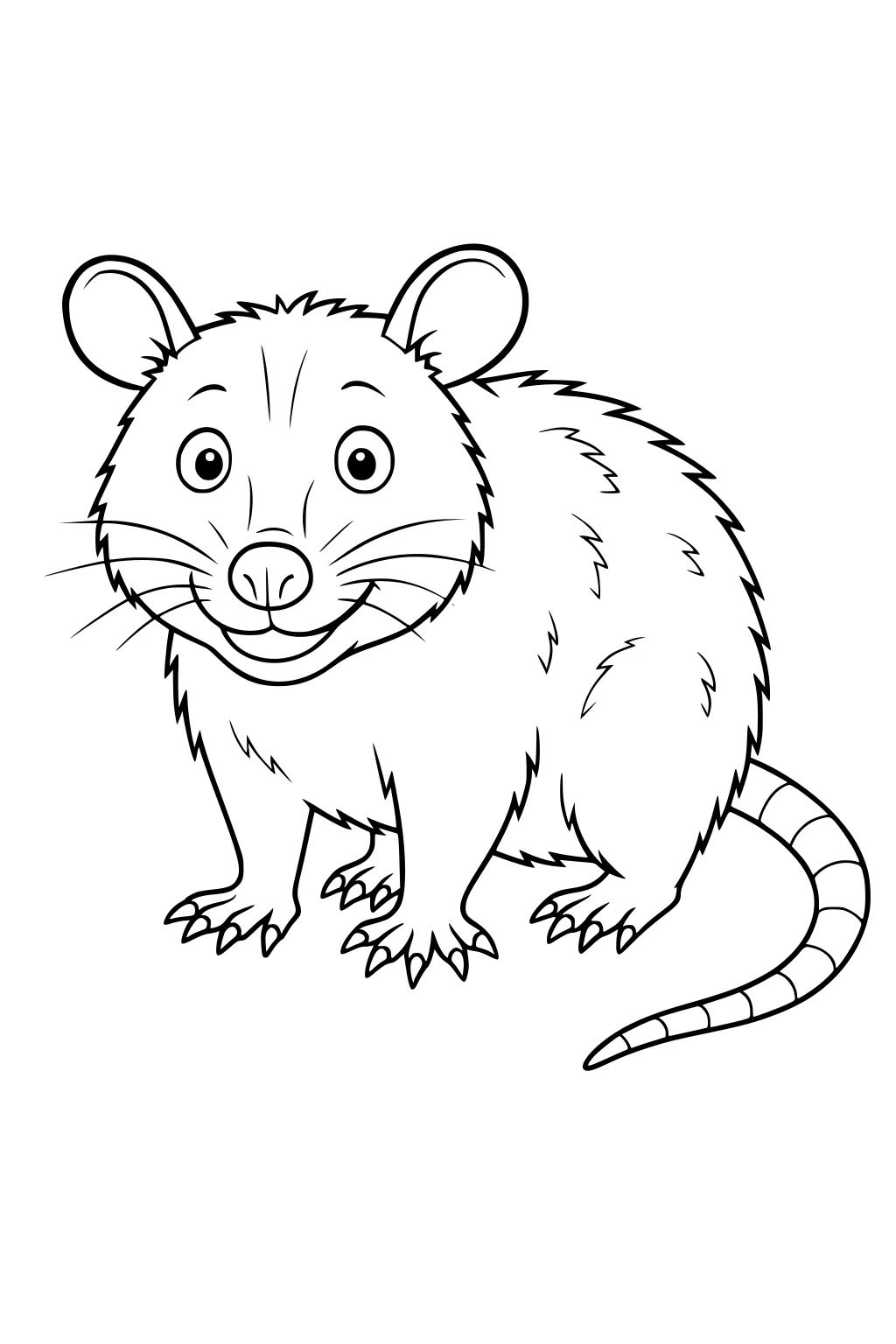 Cartoon opossum with big eyes, wide grin, round ears, spiky fur, and a striped tail standing on all fours.