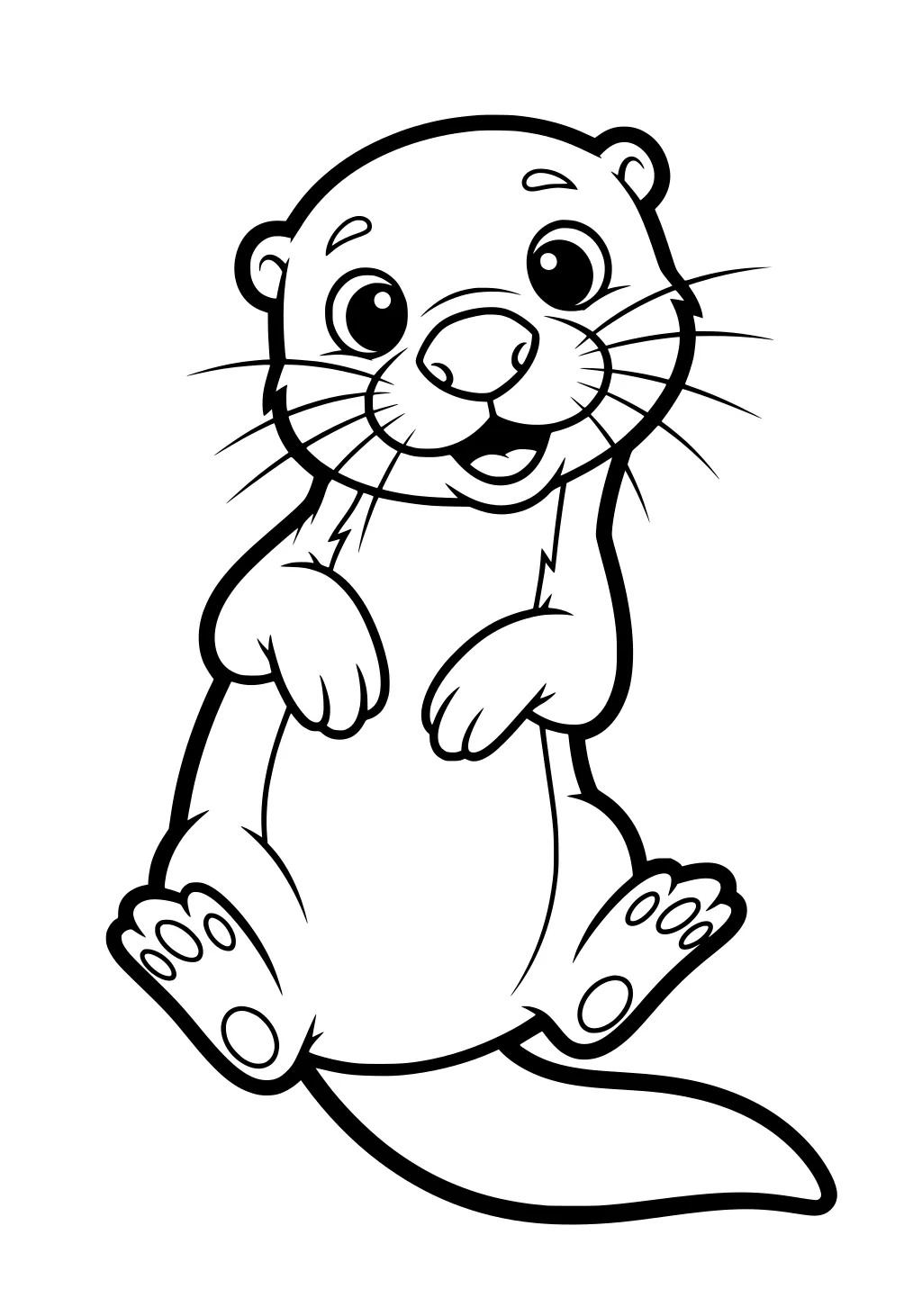 Cartoon otter sitting upright, smiling, with paws raised and round nose, floppy tail, big eyes, and whiskers.
