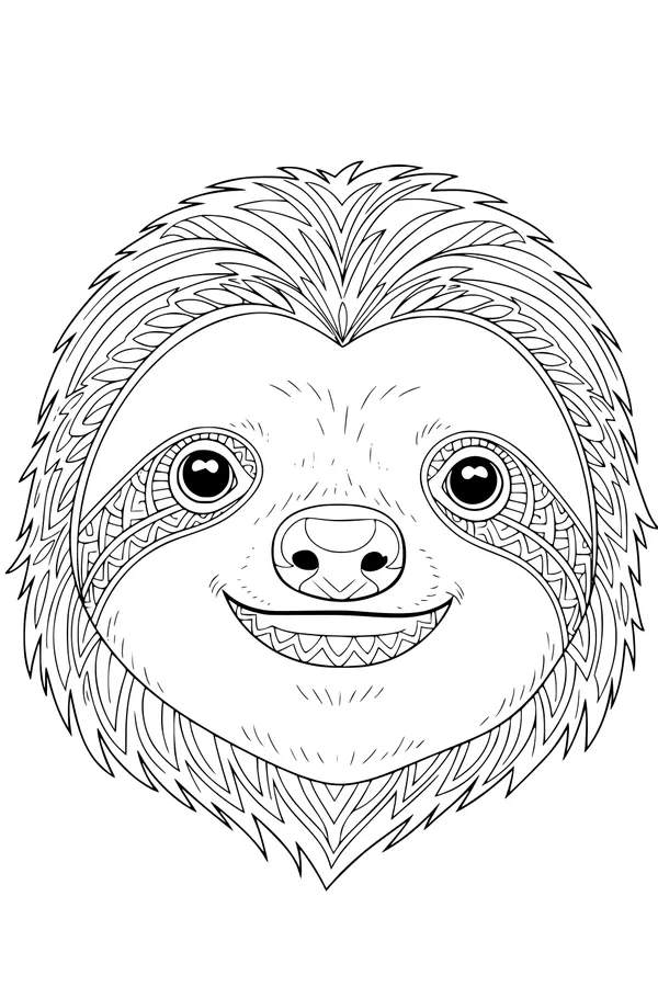 Free Sloth Coloring Page - Smiling Sloth Head With Patterned Fur (Printable PDF)