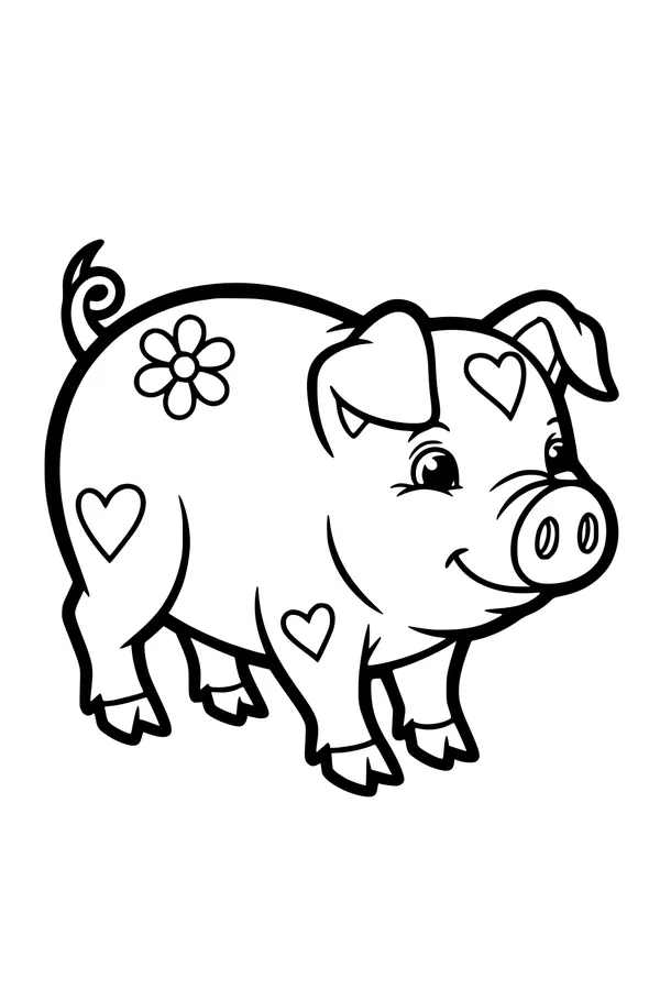Free Pig Coloring Page - Smiling Pig With Daisy and Hearts (Printable PDF)