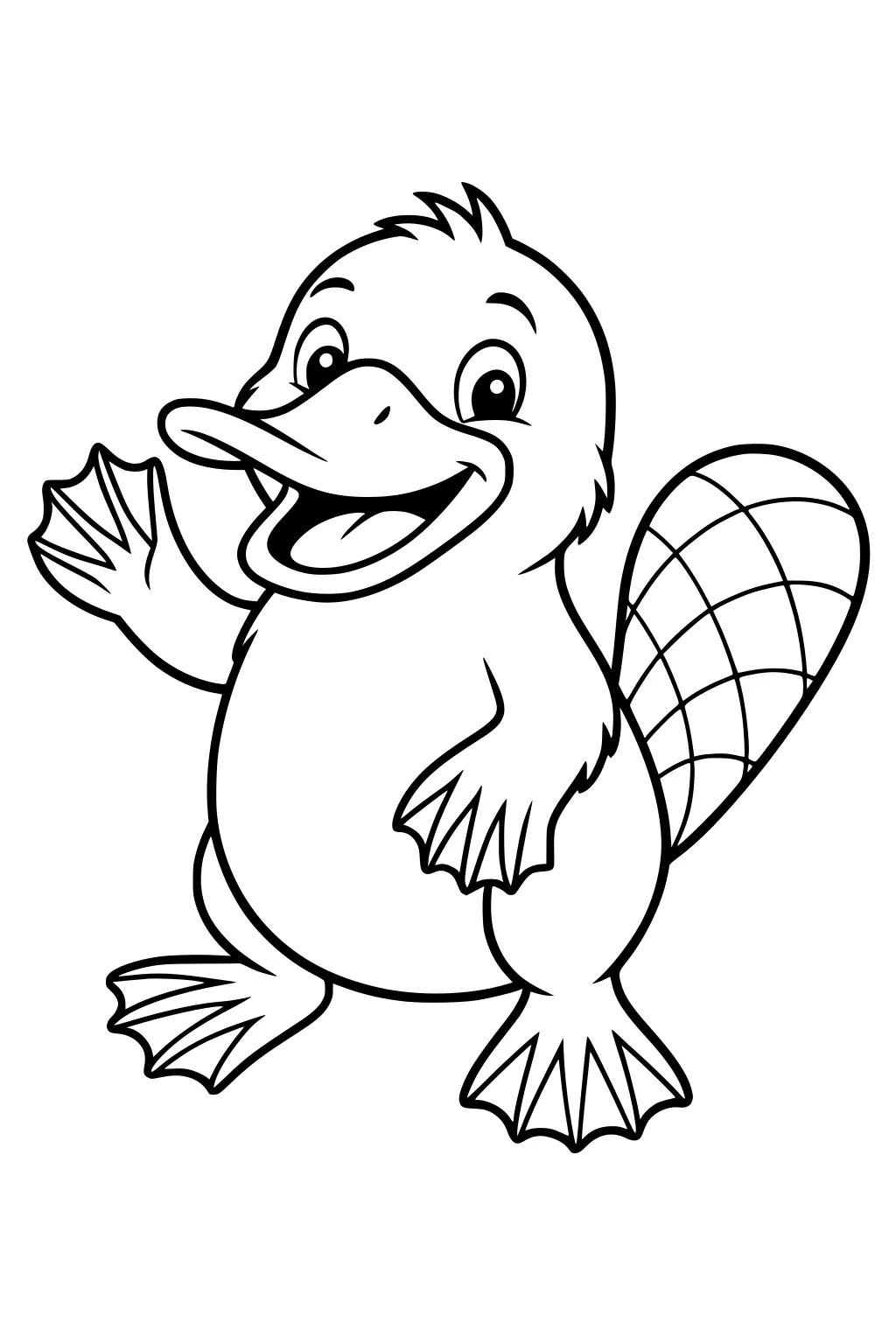 Cartoon platypus with a big beak waving, round eyes, webbed feet, and a crosshatched tail, standing upright.