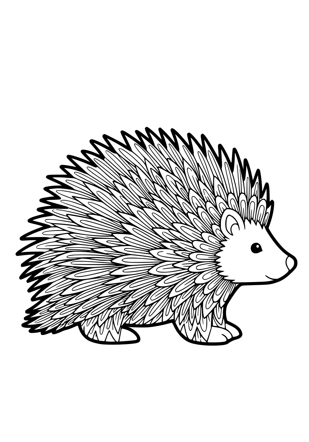 Line drawing of a porcupine with many long, patterned quills, rounded ears, smiling face, and short legs in profile view.