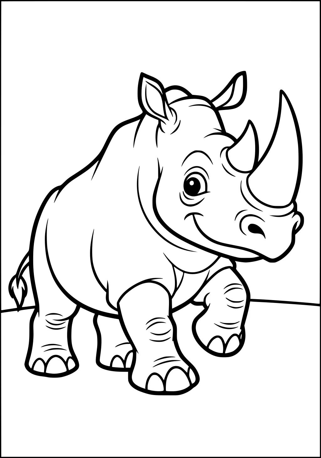 Cartoon rhino with two horns, big ears, and a happy face, standing on simple ground with blank background.
