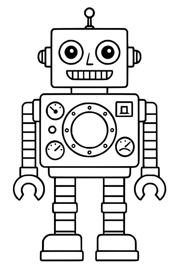 Free Robot Coloring Page - Smiling Cartoon Bot With Antenna (Printable PDF)