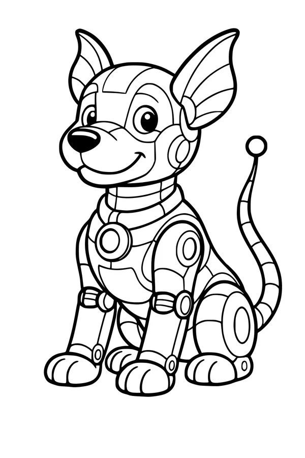 Free Robot Puppy Coloring Page - Smiling Android Dog With Antenna Tail (Printable PDF)