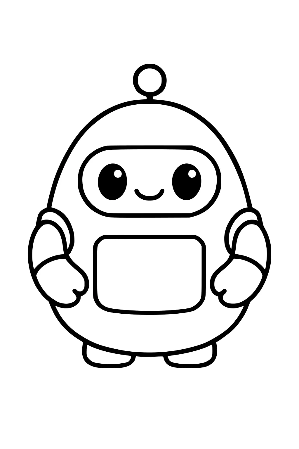 Round cartoon robot with antenna, big shiny eyes, smiling face, square belly panel, mitten hands, short feet, and bold outlines.