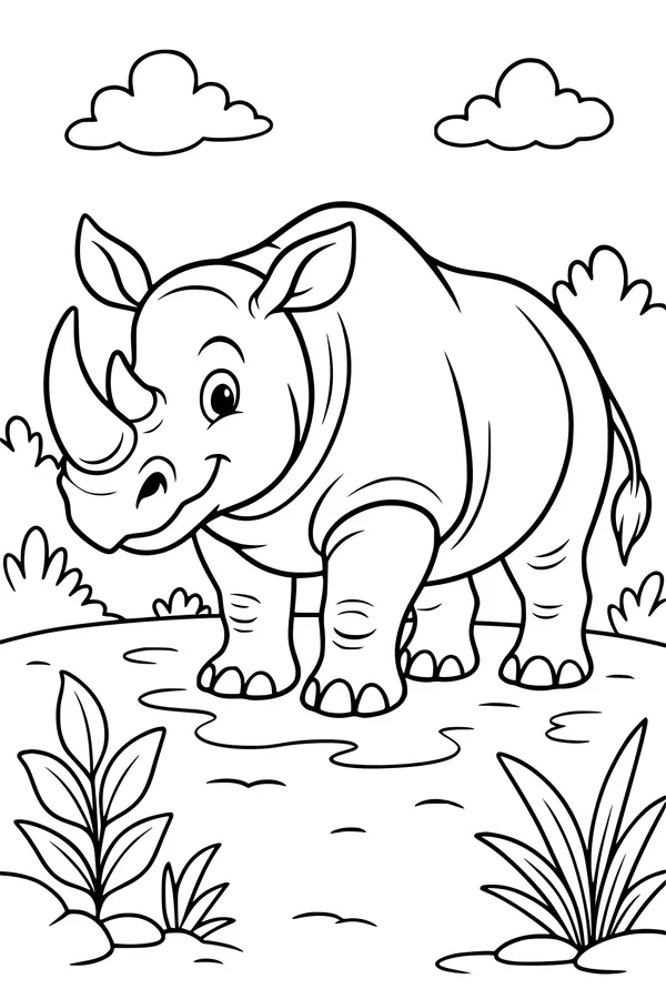 Free Rhinoceros Coloring Page - Smiling Rhino in Jungle Scene (Printable PDF)