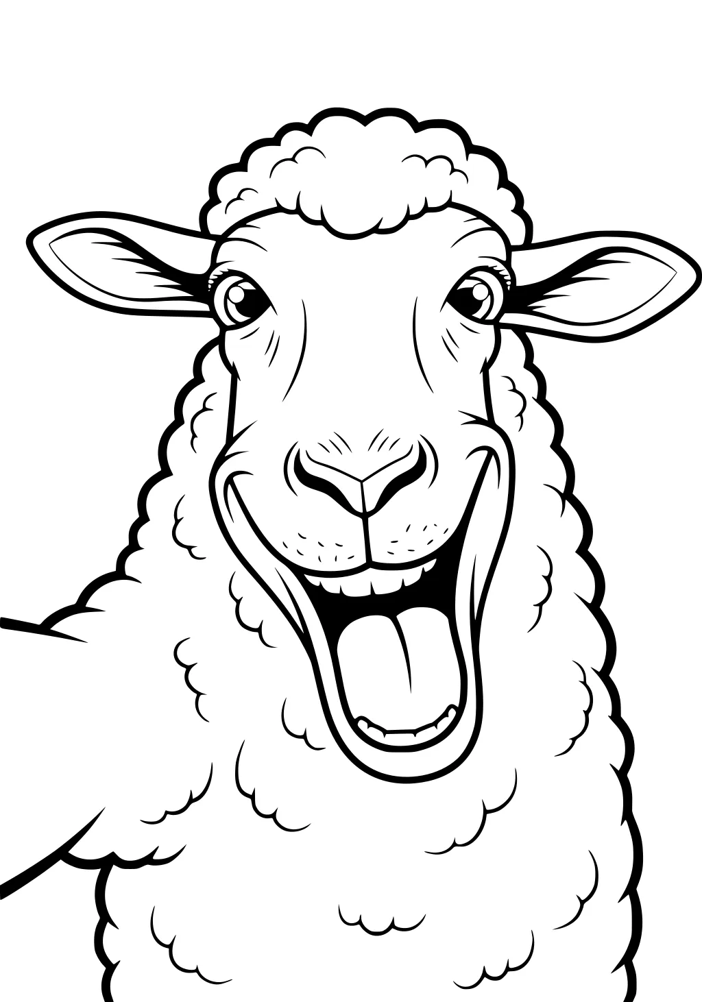 Sheep with open mouth and big smile in cartoon style, showing wooly texture and upright ears.
