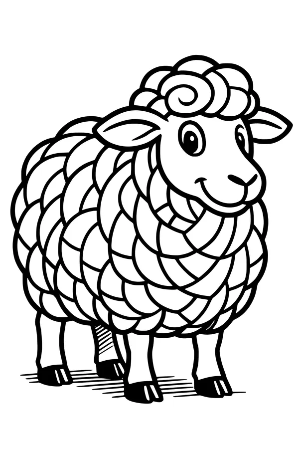 Free Sheep Coloring Page - Smiling Woolly Sheep in Meadow (Printable PDF)