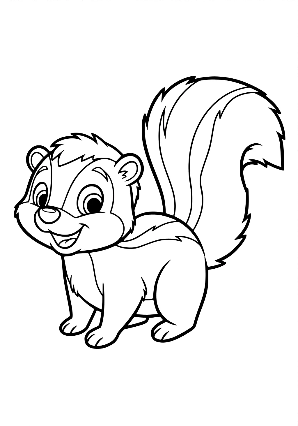 Cartoon skunk with large striped tail, smiling, standing on all four legs, big eyes, fluffy fur, and open mouth.