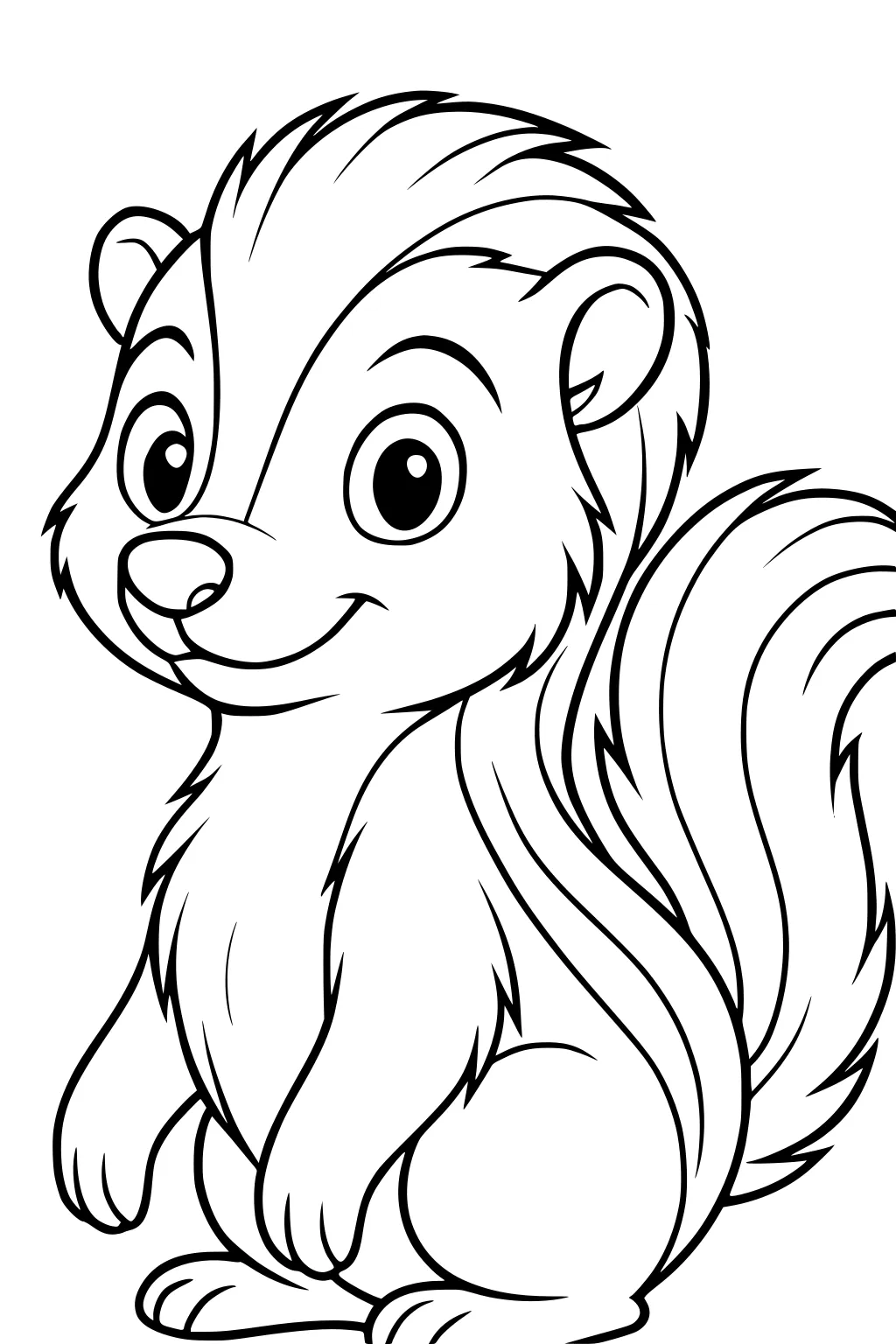Cartoon skunk sitting upright, smiling, with large eyes, round cheeks, perked ears, and a bushy striped tail.
