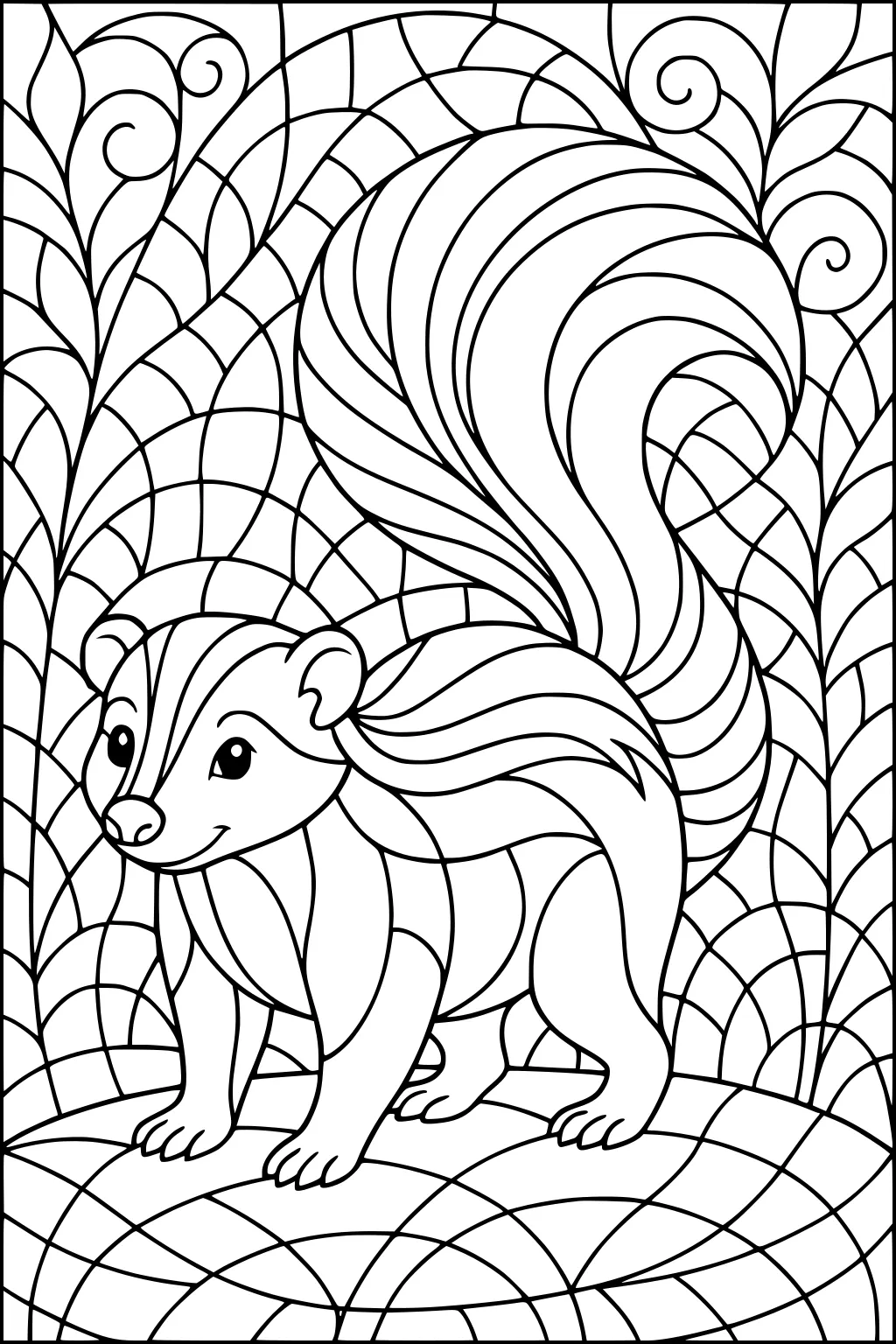 Smiling skunk with large striped tail on swirly, leafy background with bold lines