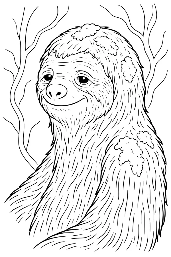 Free Sloth Coloring Page - Smiling Sloth With Mossy Fur (Printable PDF)