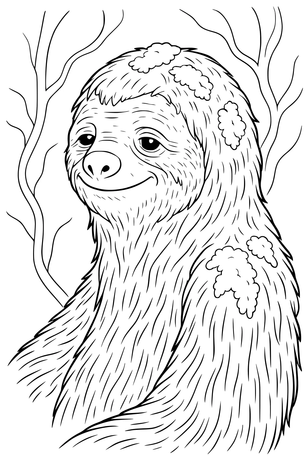 Smiling sloth with moss on head and shoulders, surrounded by two bare, wavy tree branches.