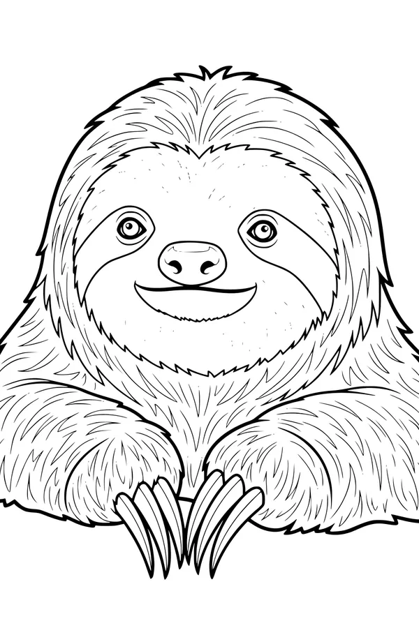 Free Sloth Coloring Page - Smiling Shaggy Sloth Portrait (Printable PDF)
