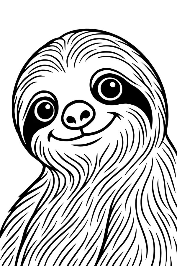 Free Sloth Coloring Page - Smiling Sloth With Big Eyes (Printable PDF)