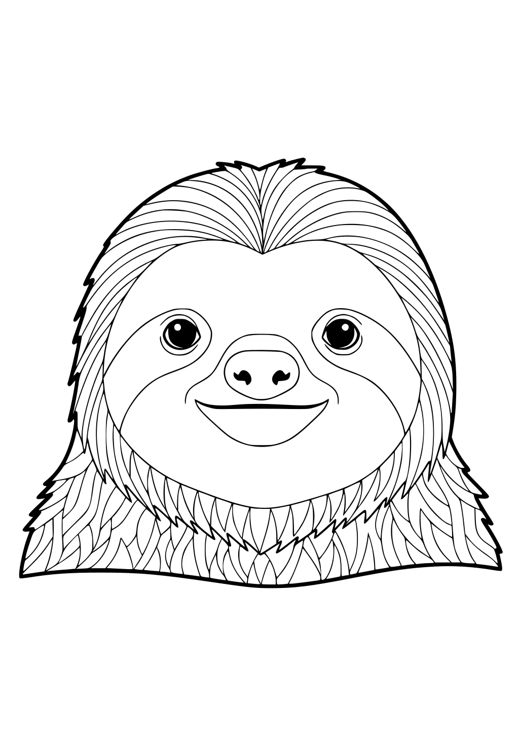 Line drawing of a smiling sloth face with detailed fur and large friendly eyes.