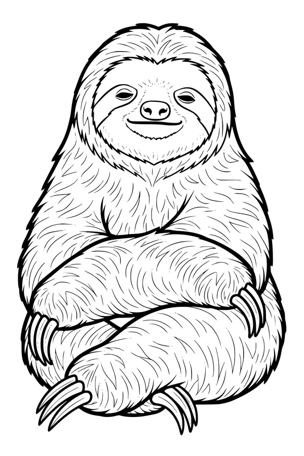 Free Sloth Coloring Page - Happy Sloth Sitting With Crossed Arms (Printable PDF)