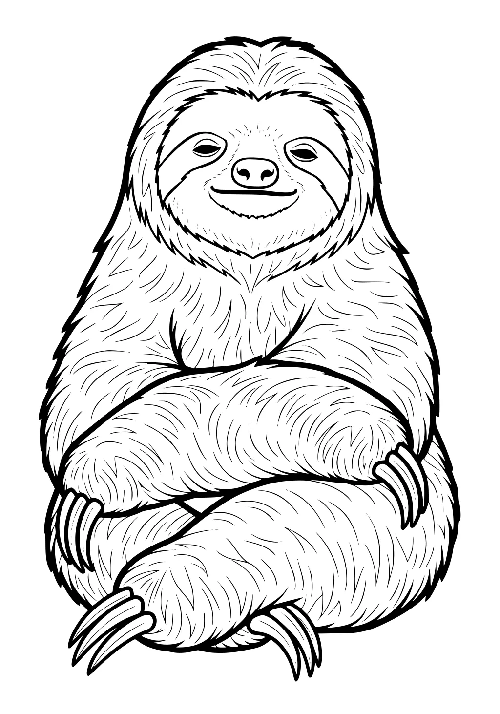 A smiling sloth sits upright with crossed arms and legs, fluffy fur, and visible curved claws.