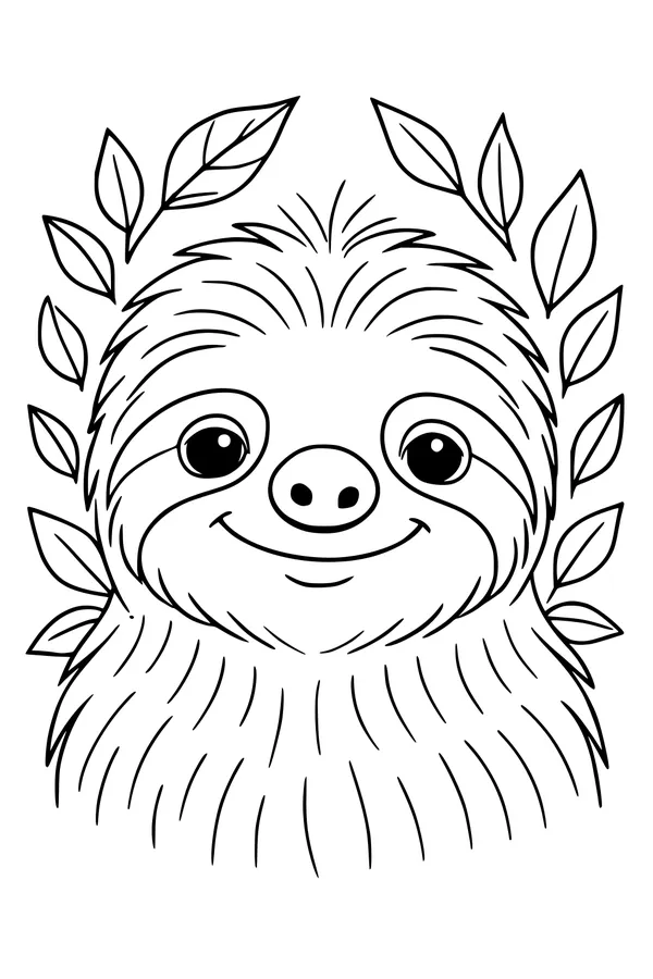 Free Sloth Coloring Page - Smiling Sloth Face in Leafy Forest (Printable PDF)