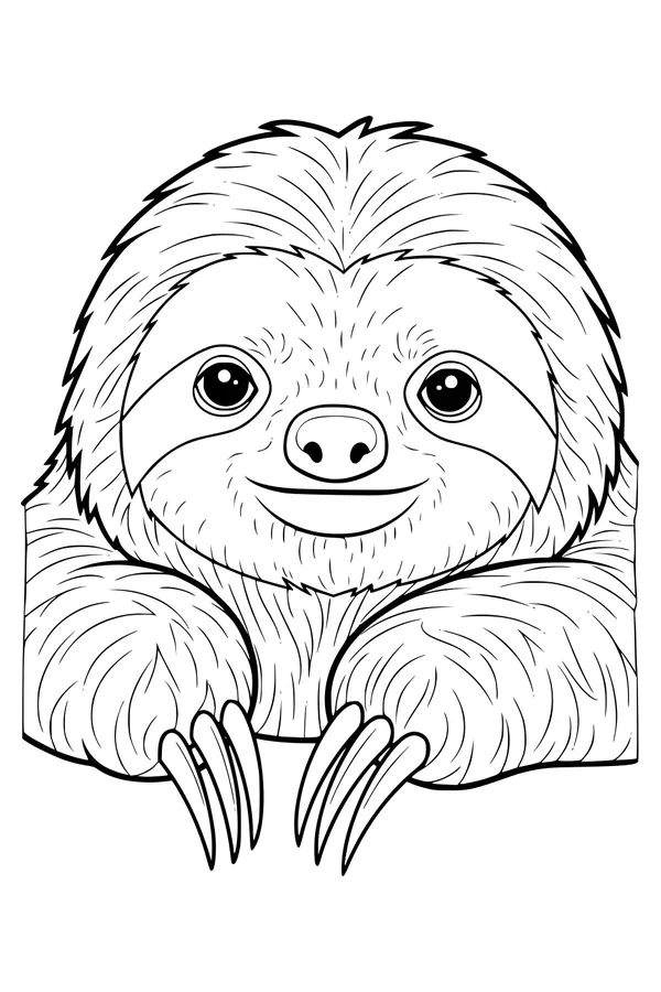 Free Sloth Coloring Page - Smiling Shaggy Sloth With Big Eyes (Printable PDF)