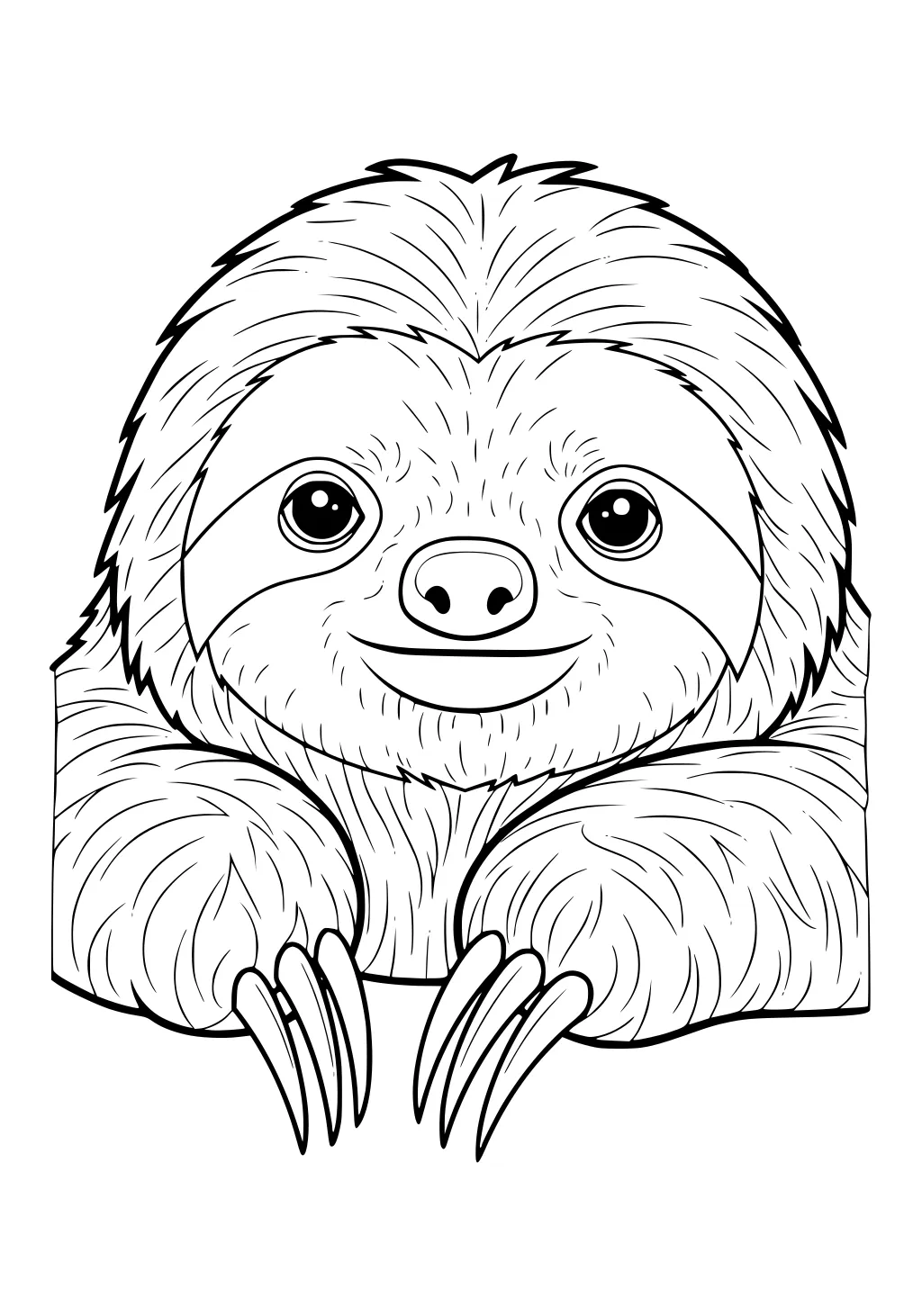 Cartoon sloth with big round eyes, furry face, and long claws, seen from the front and smiling.