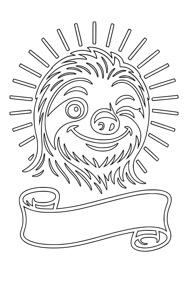 Free Sloth Coloring Page - Smiling Winking Face With Sunburst Banner (Printable PDF)